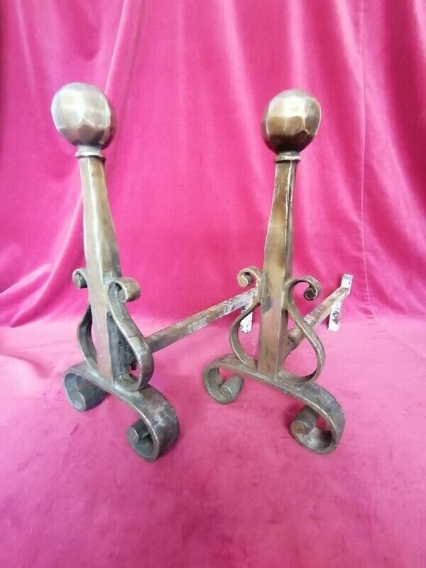 A Pair French Vintage Antique Cast Iron And Brass Fireplace Andirons Fire Dogs photo 124.0