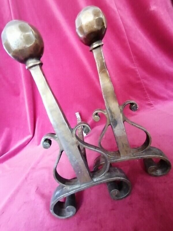 A Pair French Vintage Antique Cast Iron And Brass Fireplace Andirons Fire Dogs photo buy