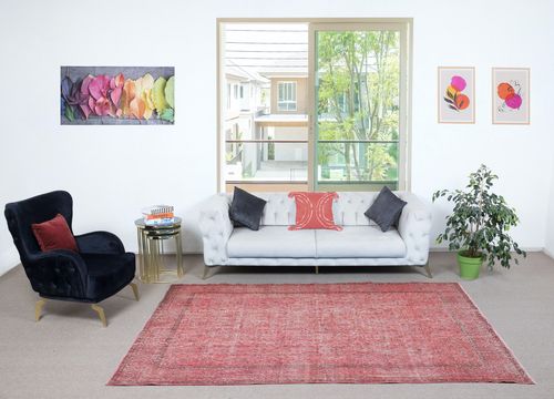 6x9.6 Ft Red Color Handmade Rug For Living Room, Shabby Chic Turkish Floor Rug photo furniture