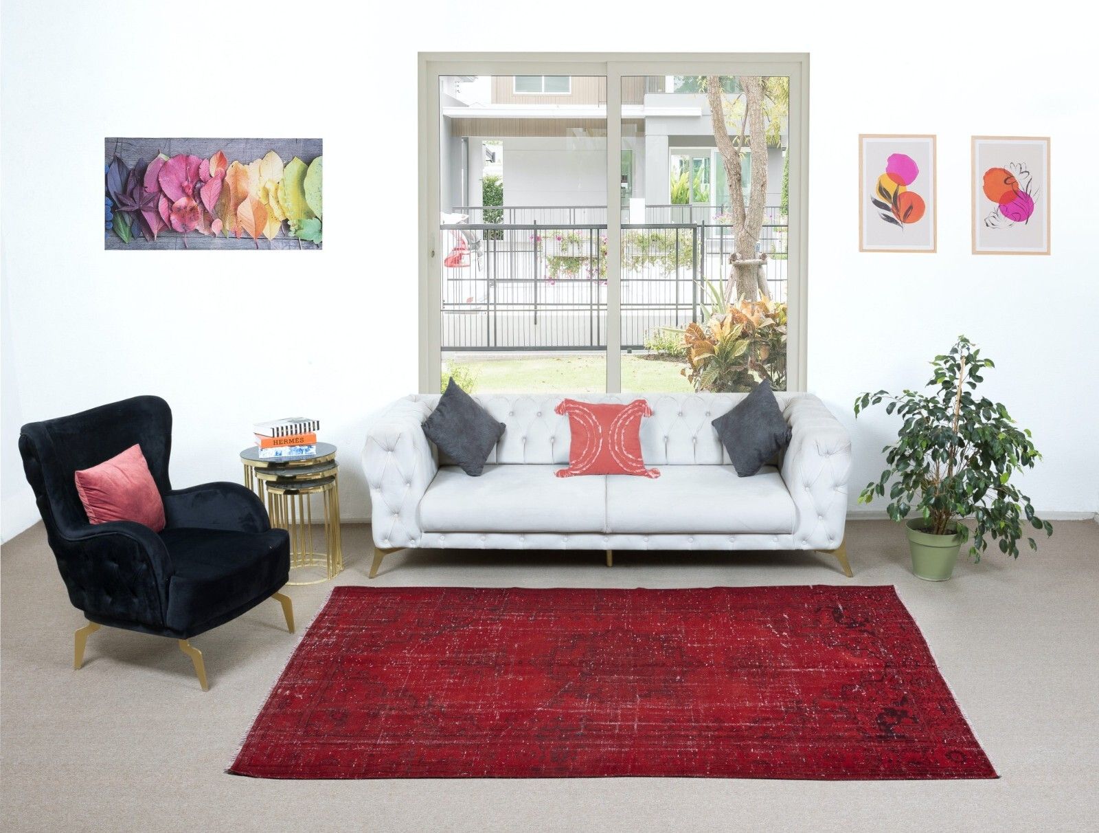 6x9 Ft Dark Red Turkish Area Rug For Living Room, Modern Handmade Carpet photo furniture