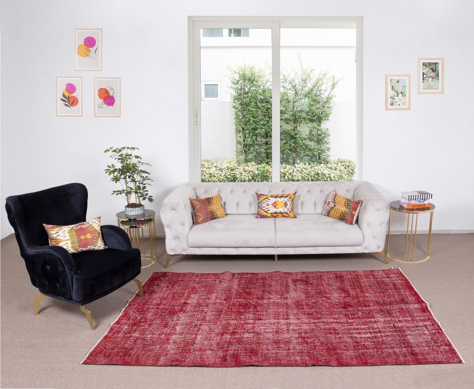 5.3x8.5 Ft Midcentury Handmade Turkish Rug Over Dyed In Red For Modern Interiors photo furniture