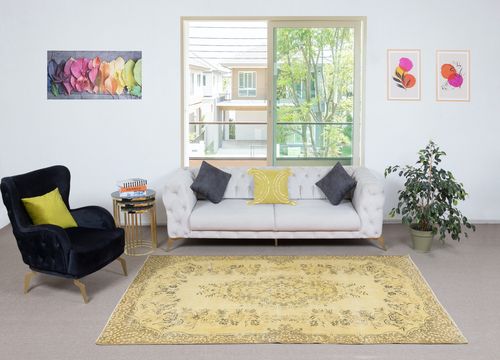 5.4x8.8 Ft Yellow Color Overdyed Modern Turkish Rug, Handmade Floor Covering photo furniture