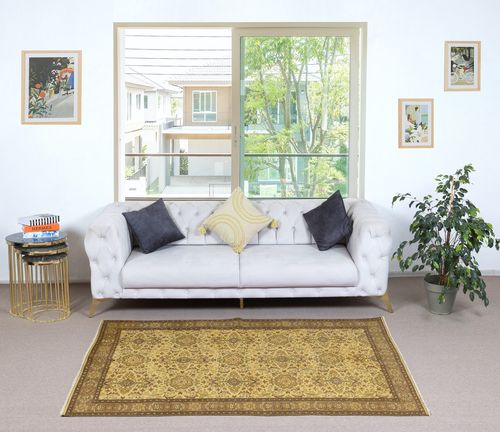 3.8x7 Ft Vintage Turkish Area Rug Dyed In Yellow 4 Modern Interiors photo furniture