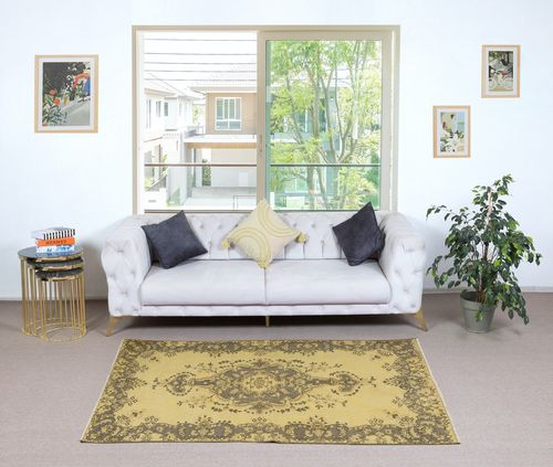 3.8x7 Ft Decorative Handmade Turkish Area Rug In Yellow With Medallion Design photo furniture