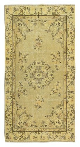 3.6x6.8 Ft One Of A Pair Handmade Yellow Color Turkish Rug With Art Deco Design