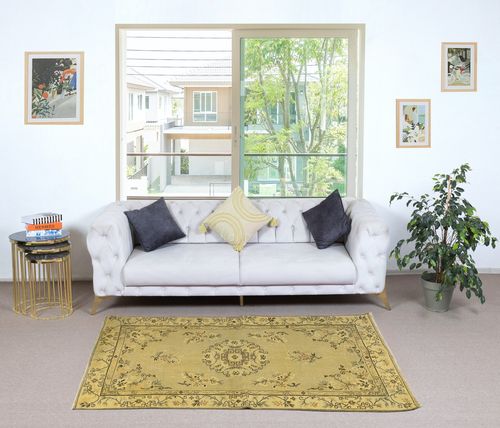 3.7x7 Ft One Of A Pair Handmade Yellow Turkish Wool Rug With Art Deco Design photo furniture
