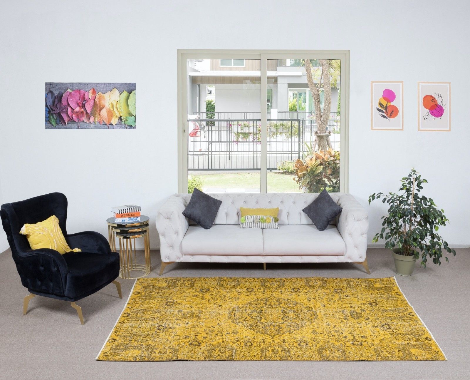 5.4x8.6 Ft Decorative Handmade Turkish Area Rug In Yellow With Medallion Design photo furniture