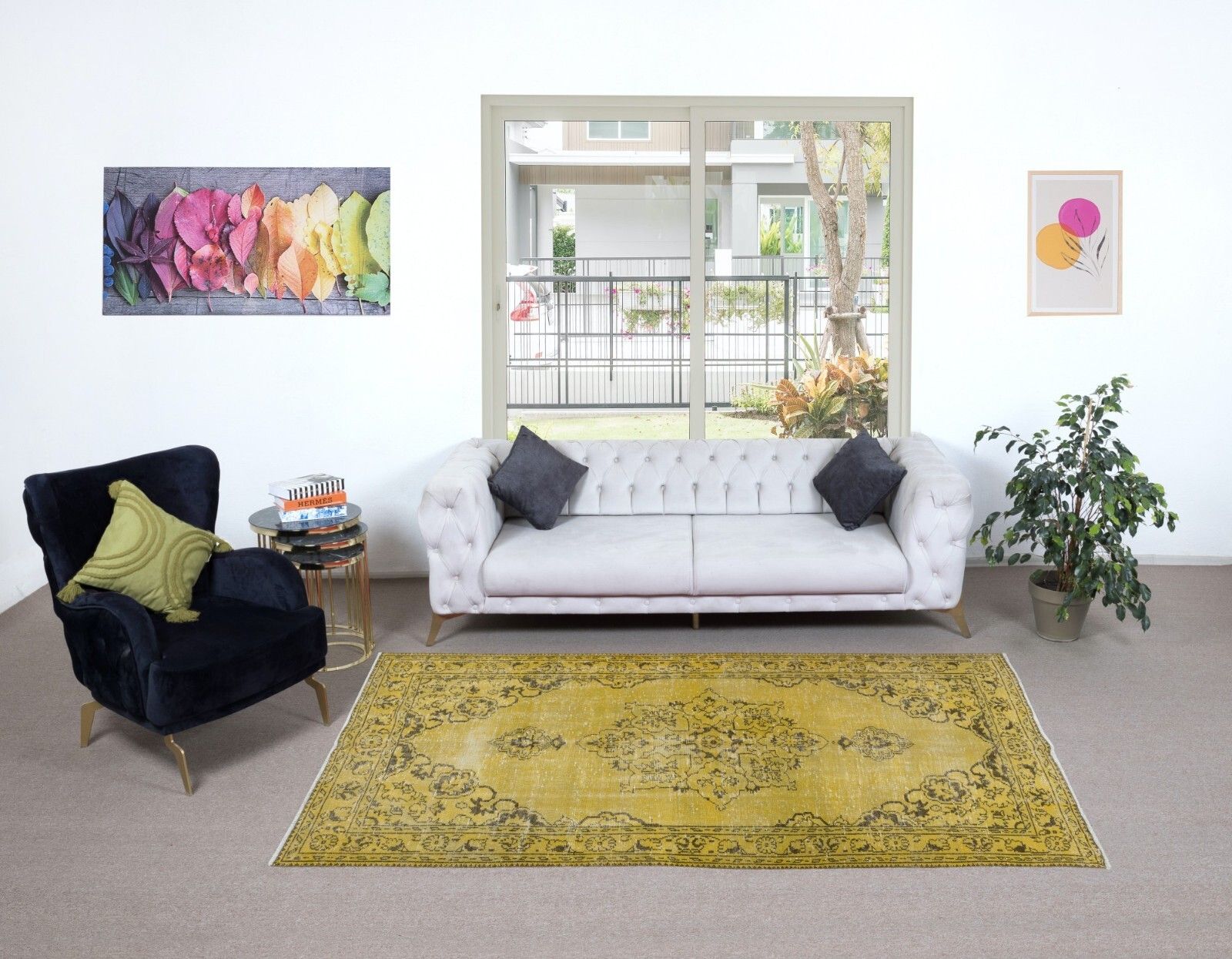 5x9 Ft Modern Handmade Turkish Rug In Yellow, Vintage Medallion Design Carpet photo furniture