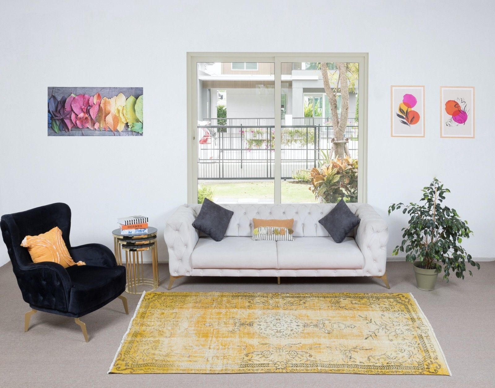 5.3x9 Ft Distressed Handmade Turkish Modern Rug In Yellow, Woolen Floor Covering photo furniture
