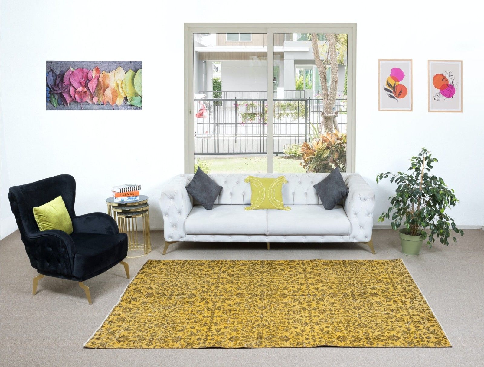 6x9 Ft Modern Handmade Turkish Area Rug With Brown Florals & Yellow Background photo furniture