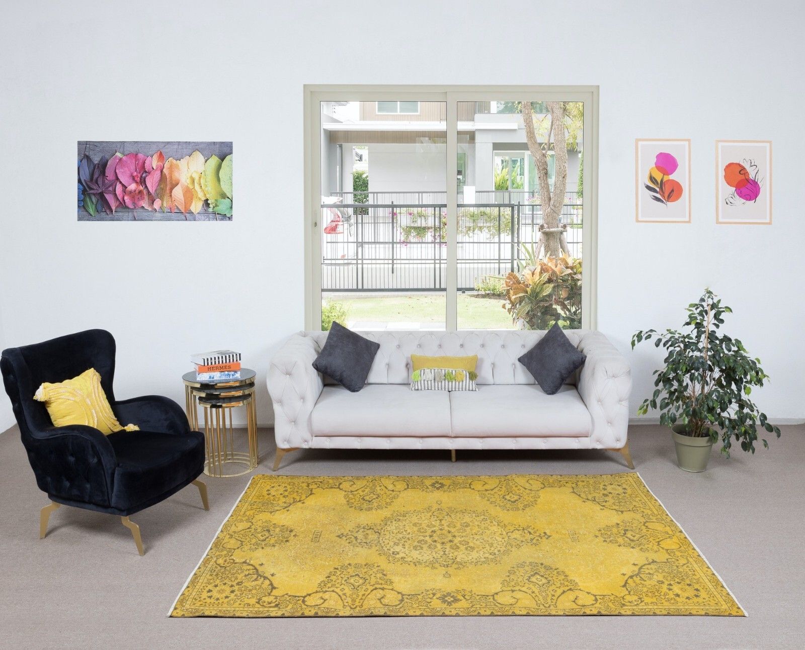 5.5x8 Ft Upcycled Handmade Turkish Area Rug, Contemporary Yellow Overdyed Carpet photo furniture