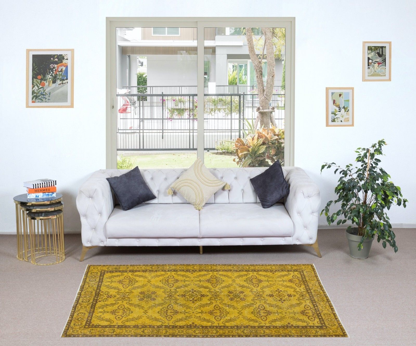3.8x6.8 Ft Small Handmade Turkish Floral Area Rug, Yellow Over Dyed Carpet photo furniture