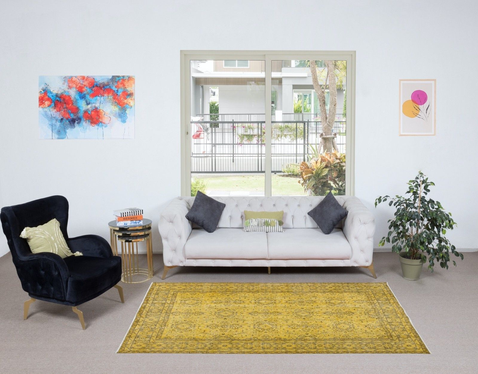 5x8.6 Ft Upcycled Handmade Turkish Floral Area Rug, Yellow Over Dyed Carpet photo furniture