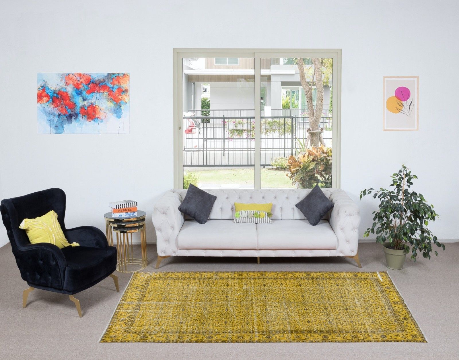 5x9.3 Ft Yellow Floral Rug For Modern Interior, Hand Knotted In Central Anatolia photo furniture