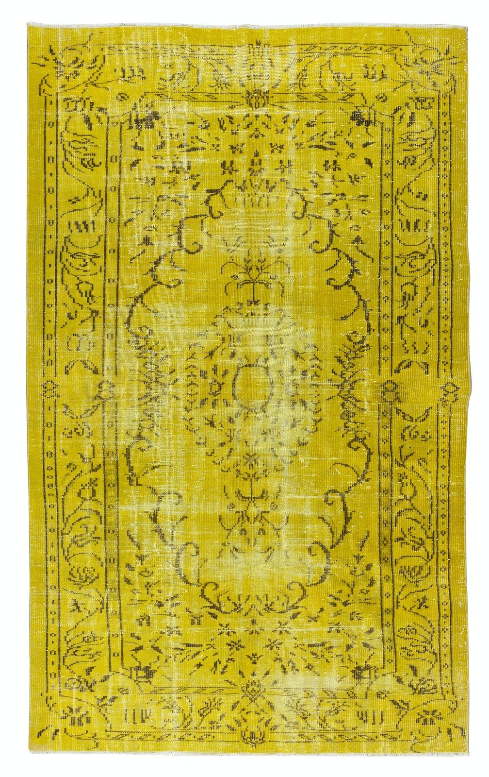 5.8x9.3 Ft Hand Knotted Yellow Overdyed Wool Rug, Vintage Carpet From Turkey