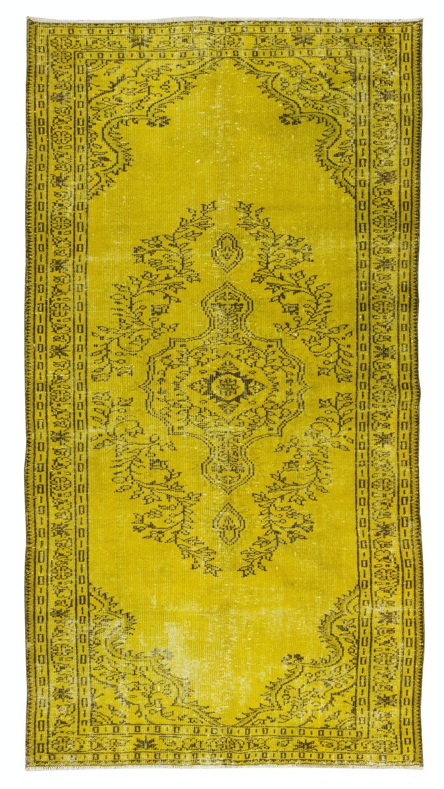 4.8x9 Ft Vintage Turkish Wool Rug Over Dyed In Yellow For Modern Home And Office