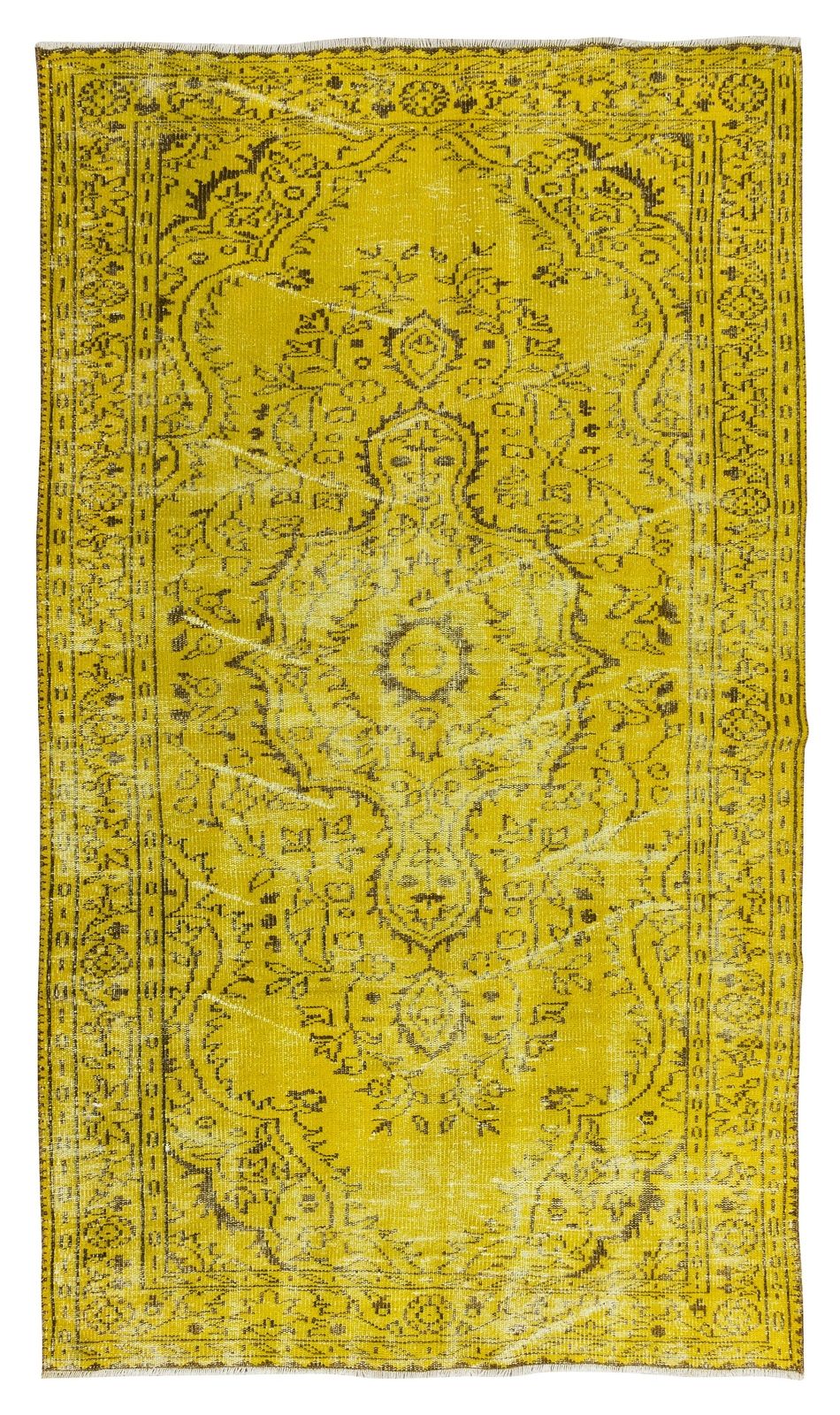 4.5x7.6 Ft Vintage Turkish Wool Rug Over Dyed In Yellow, Handmade Yellow Carpet