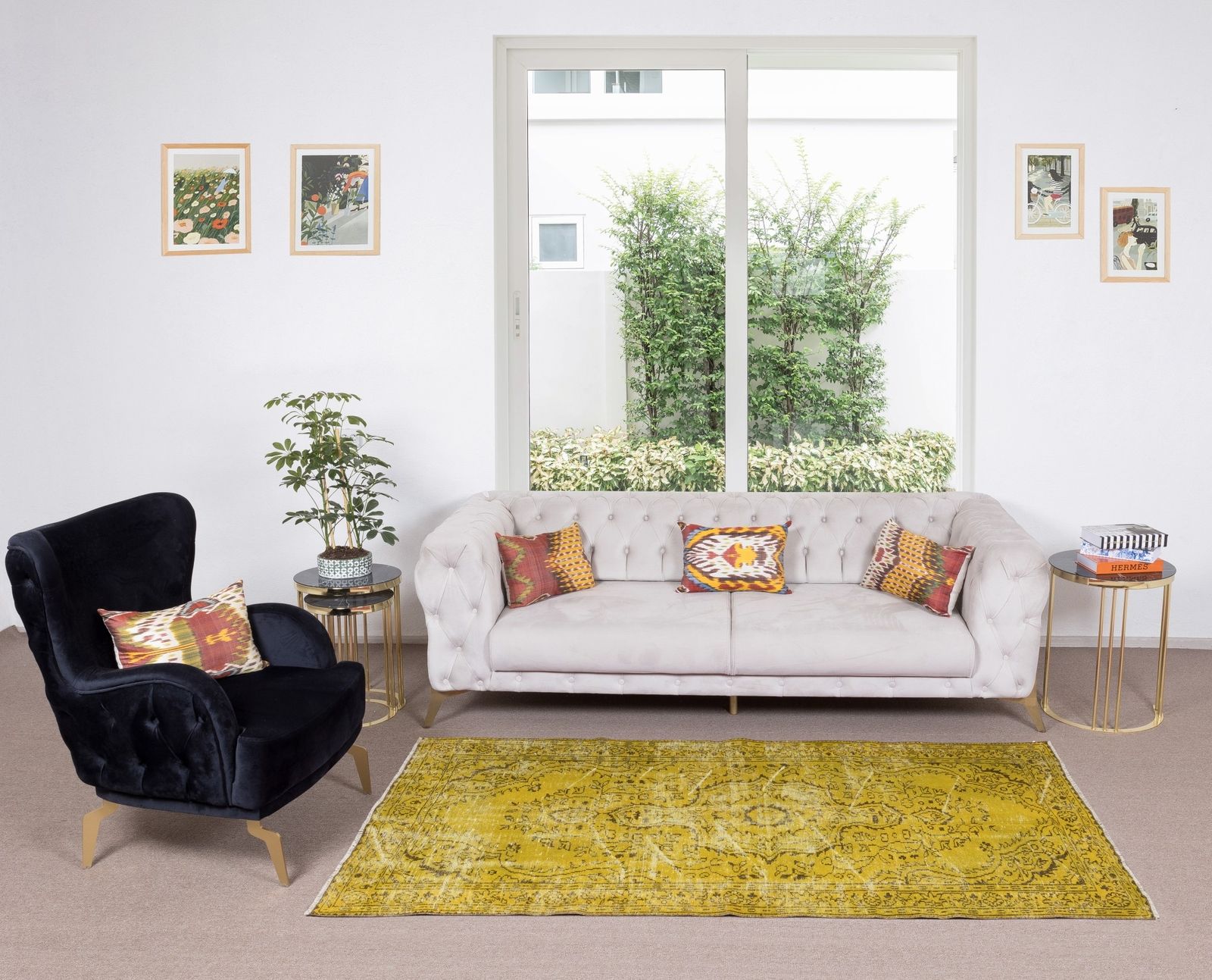 4.5x7.6 Ft Vintage Turkish Wool Rug Over Dyed In Yellow, Handmade Yellow Carpet photo furniture