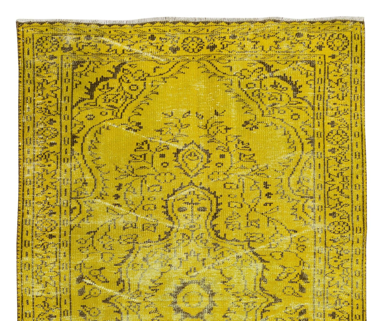 4.5x7.6 Ft Vintage Turkish Wool Rug Over Dyed In Yellow, Handmade Yellow Carpet photo Textiles