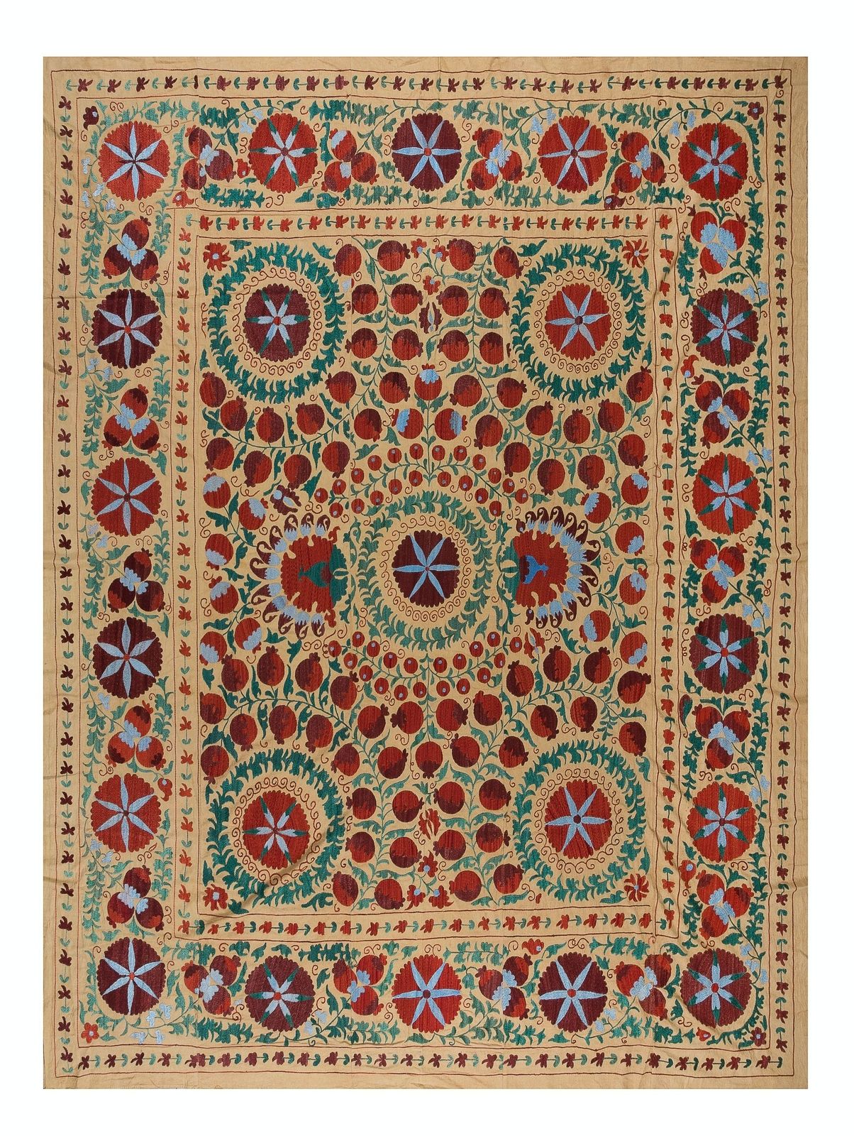 7.6x8.3 Ft Vintage Silk Hand Embroidery Bed Cover, Asian Suzani Wall Hanging