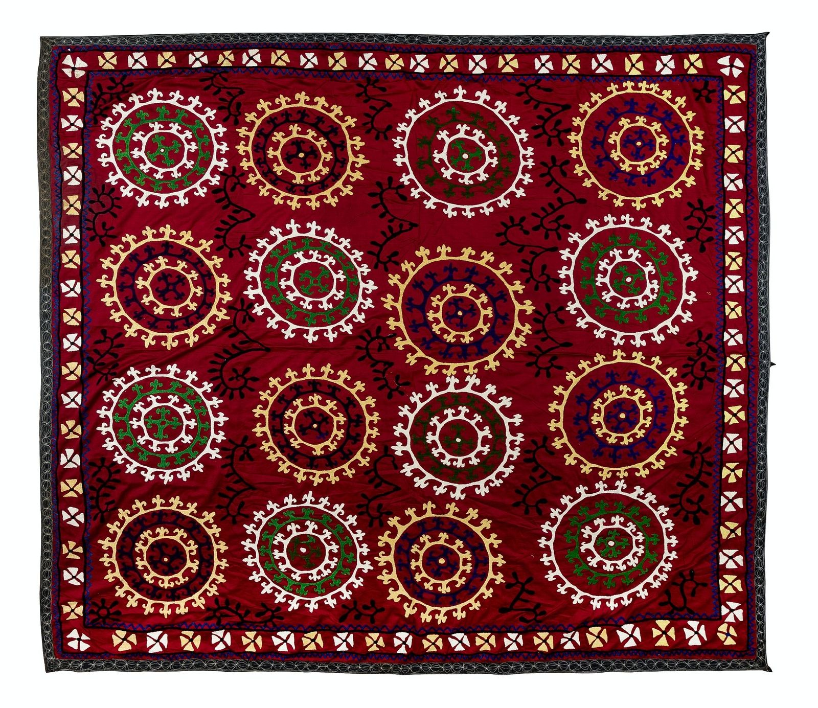 6.8x7.2 Ft Vintage Silk Hand Embroidery Bed Cover, Asian Suzani Wall Hanging photo 605.0