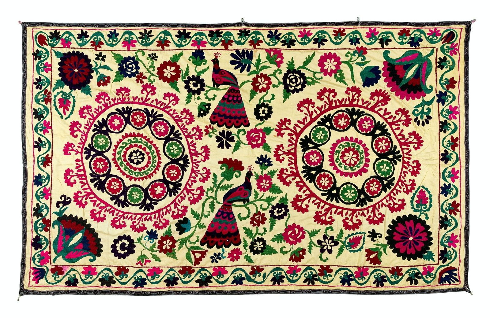 4.7x7.4 Ft Vintage Silk Hand Embroidery Bed Cover, Asian Suzani Wall Hanging photo 498.0