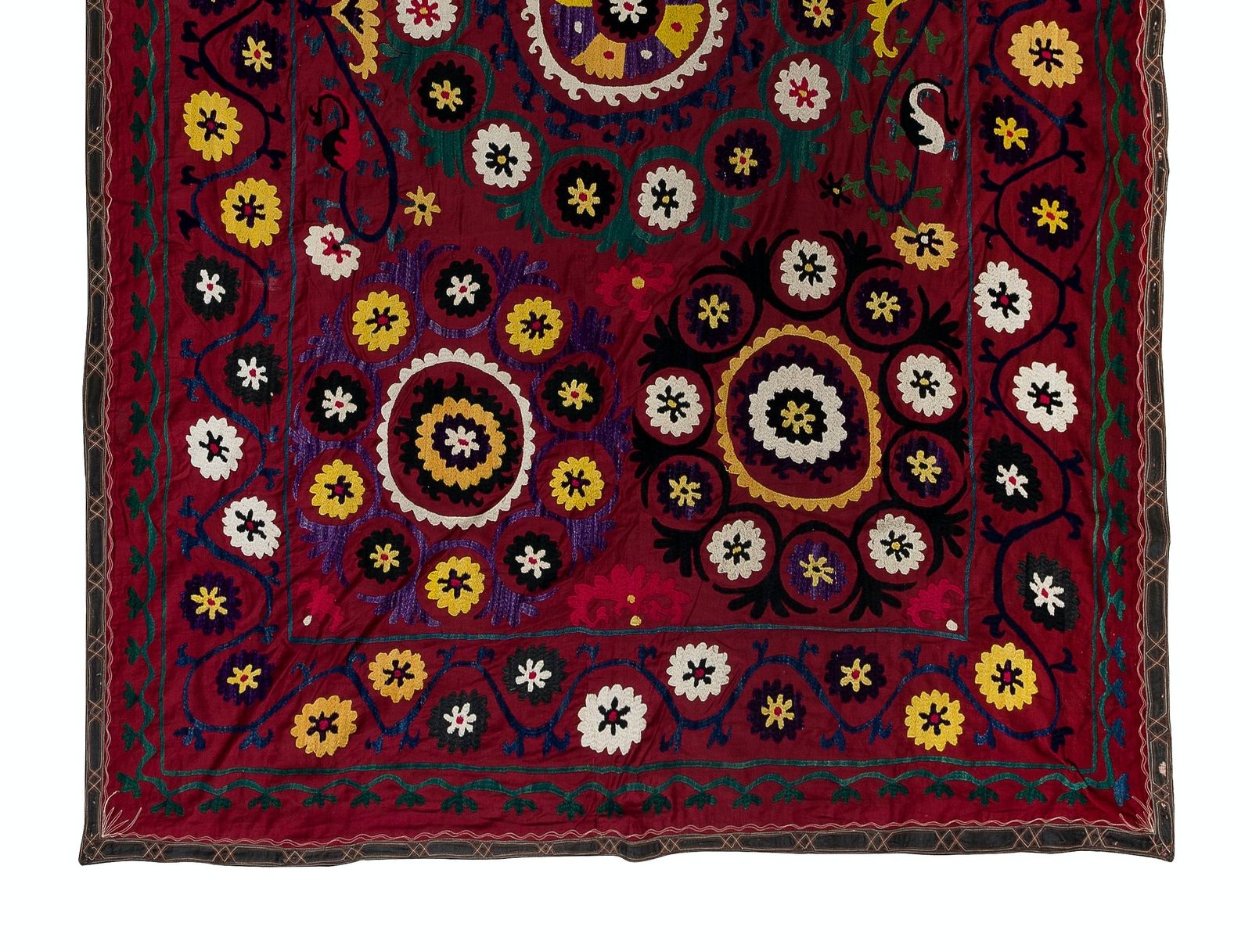 5x7.3 Ft Vintage Silk Hand Embroidery Bed Cover, Asian Suzani Wall Hanging photo for sale