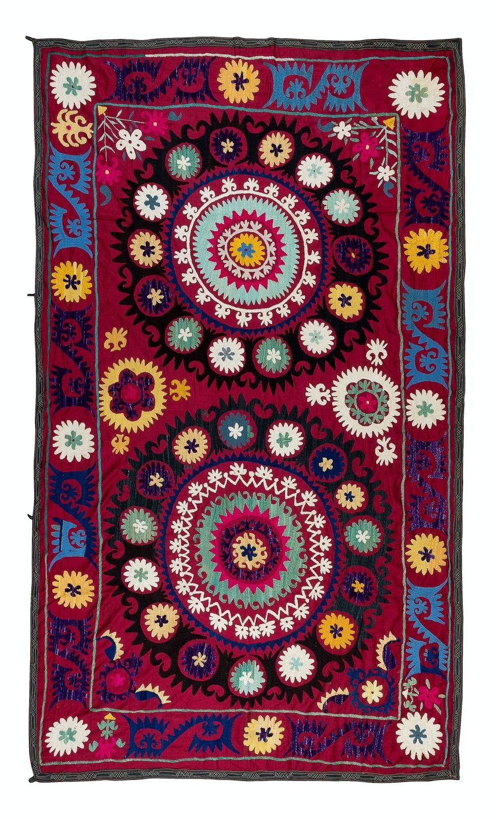 4.7x7.7 Ft Vintage Silk Hand Embroidery Bed Cover, Asian Suzani Wall Hanging
