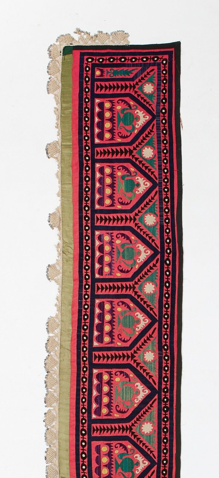 1.7x12.2 Ft Vintage Asian Suzani Textile, Embroidered Silk & Cotton Wall Hanging photo furniture