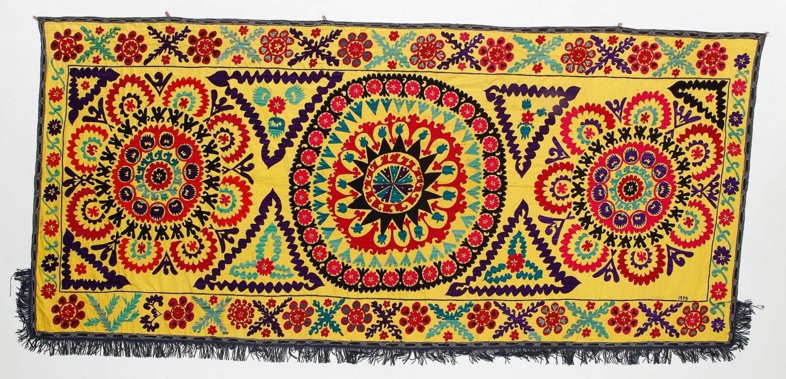 4.7x10.5 Ft Handmade Suzani Wall Hanging In Yellow, Silk Embroidery Table Runner