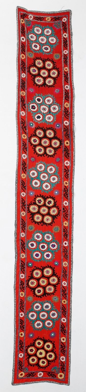 1.8x12 Ft Uzbek Suzani Textile. Embroidered Silk And Cotton Wall Hanging
