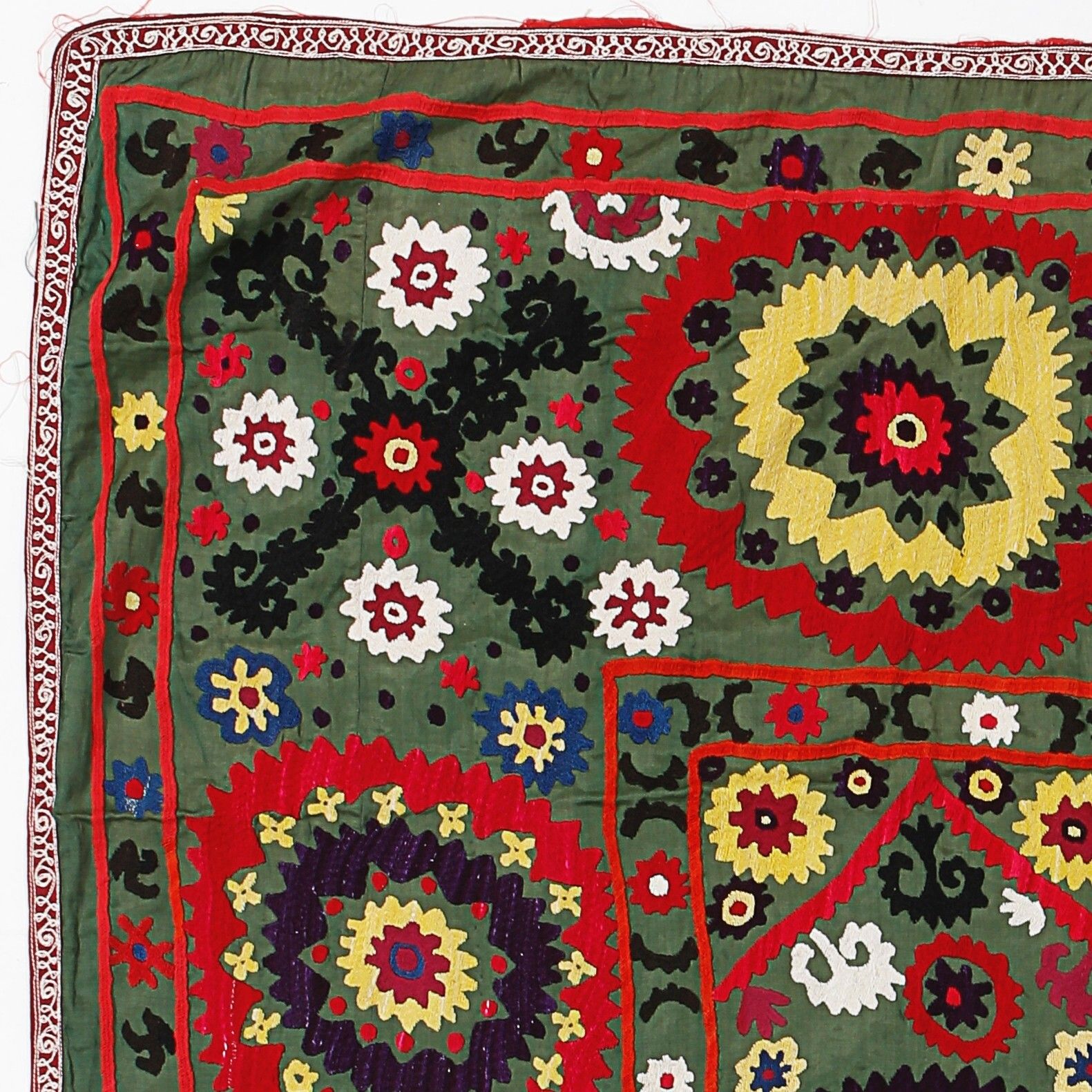 3.5x5 Ft Silk Embroidery Wall Hanging In Forest Green, Floral Suzani Tablecloth photo furniture