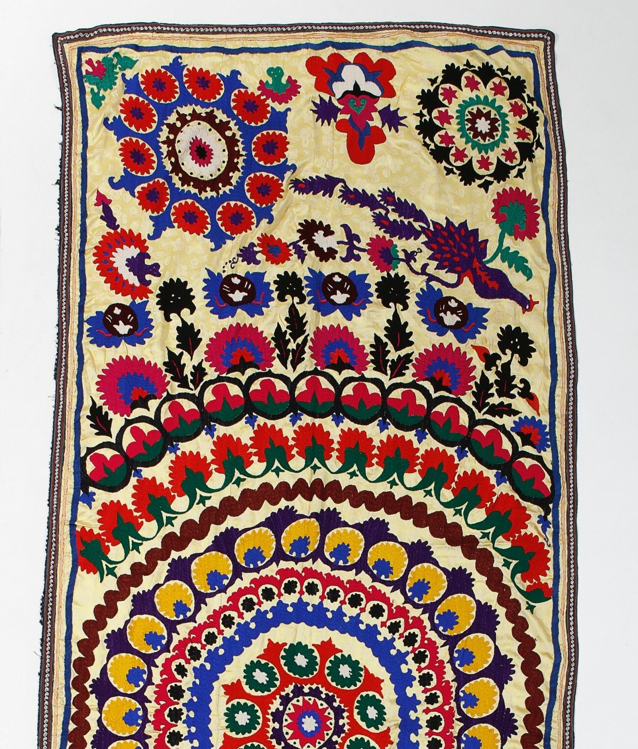 4.5x12 Ft Asian Suzani Textile. Embroidered Cotton & Silk Bed Cover Wall Hanging photo furniture