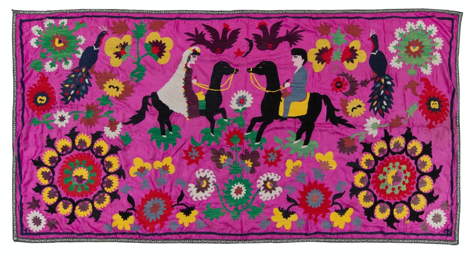 4.7x9 Ft Silk Embroidery Wall Hanging, Asian Suzani Table Cover, Pink Bedspread