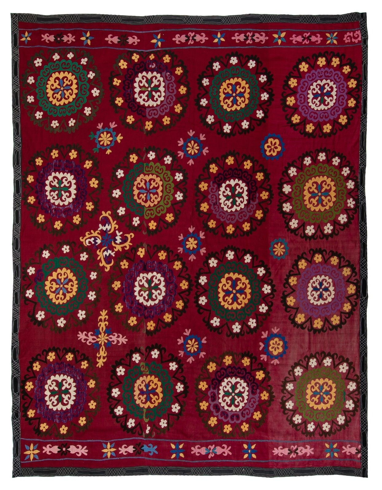 6.8x7.8 Ft Central Asian Suzani Textile. Embroidered Cotton & Silk Bed Cover