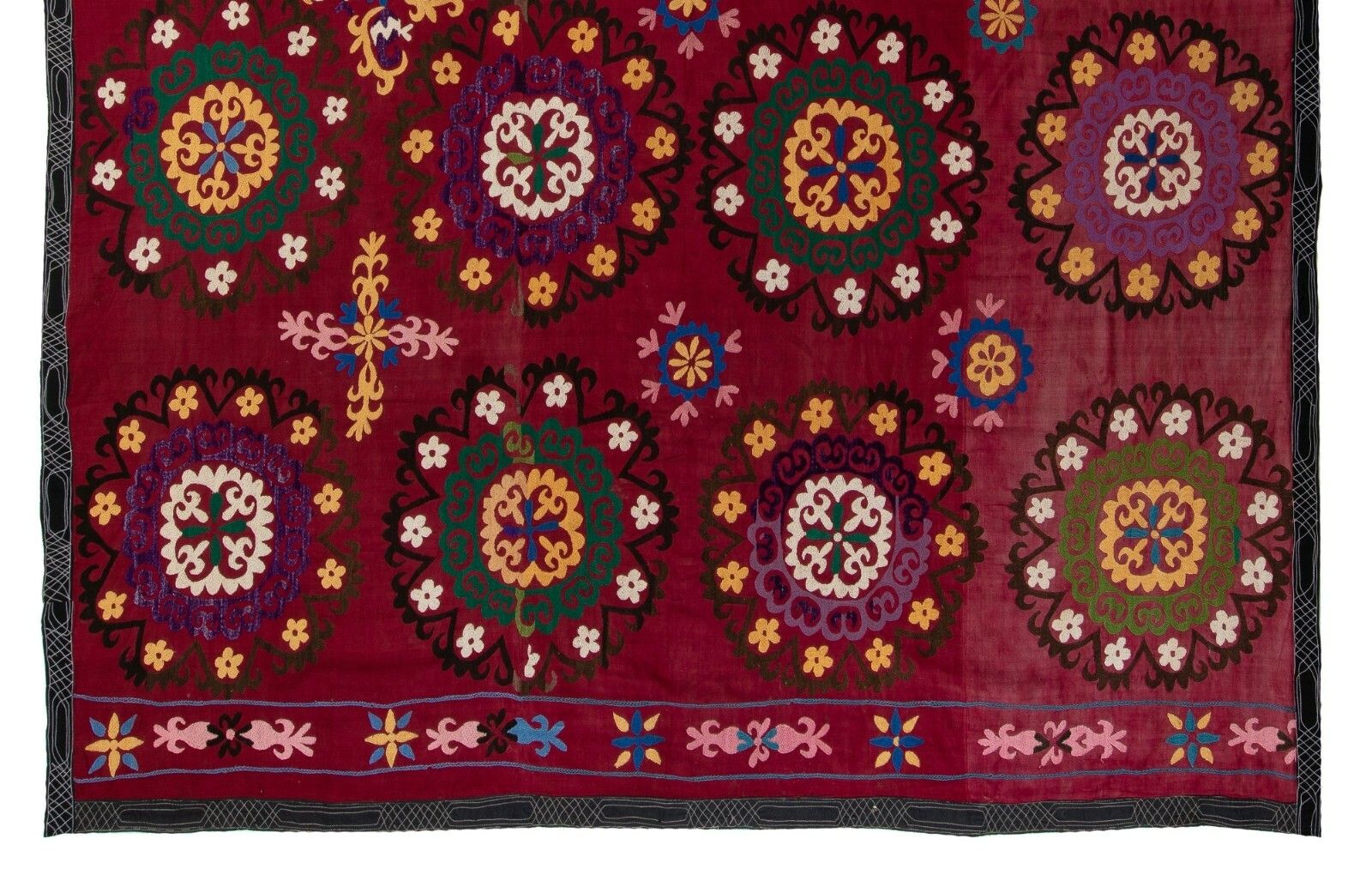 6.8x7.8 Ft Central Asian Suzani Textile. Embroidered Cotton & Silk Bed Cover photo for sale