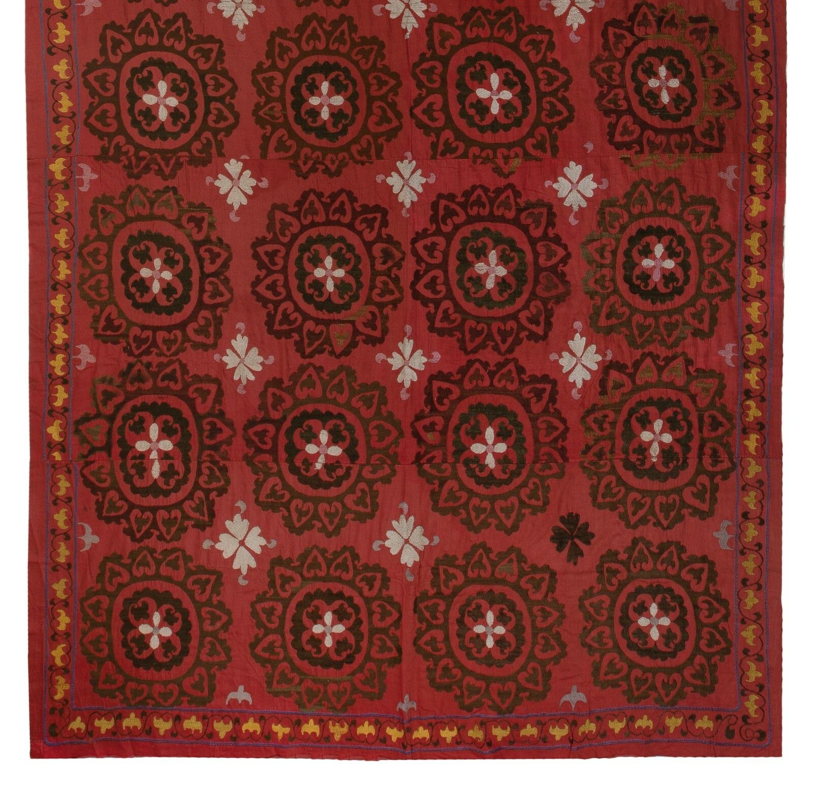 6.5x12.3 Ft Central Asian Suzani Textile. Embroidered Cotton & Silk Bed Cover photo for sale