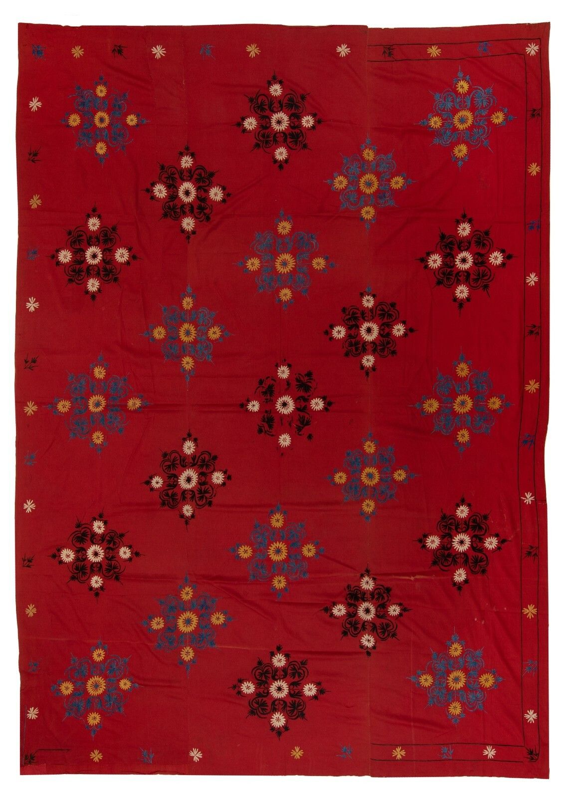 6.7x8.7 Ft Central Asian Suzani Textile. Embroidered Cotton & Silk Bed Cover