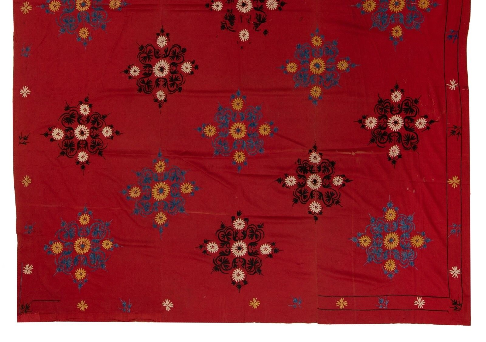 6.7x8.7 Ft Central Asian Suzani Textile. Embroidered Cotton & Silk Bed Cover photo for sale