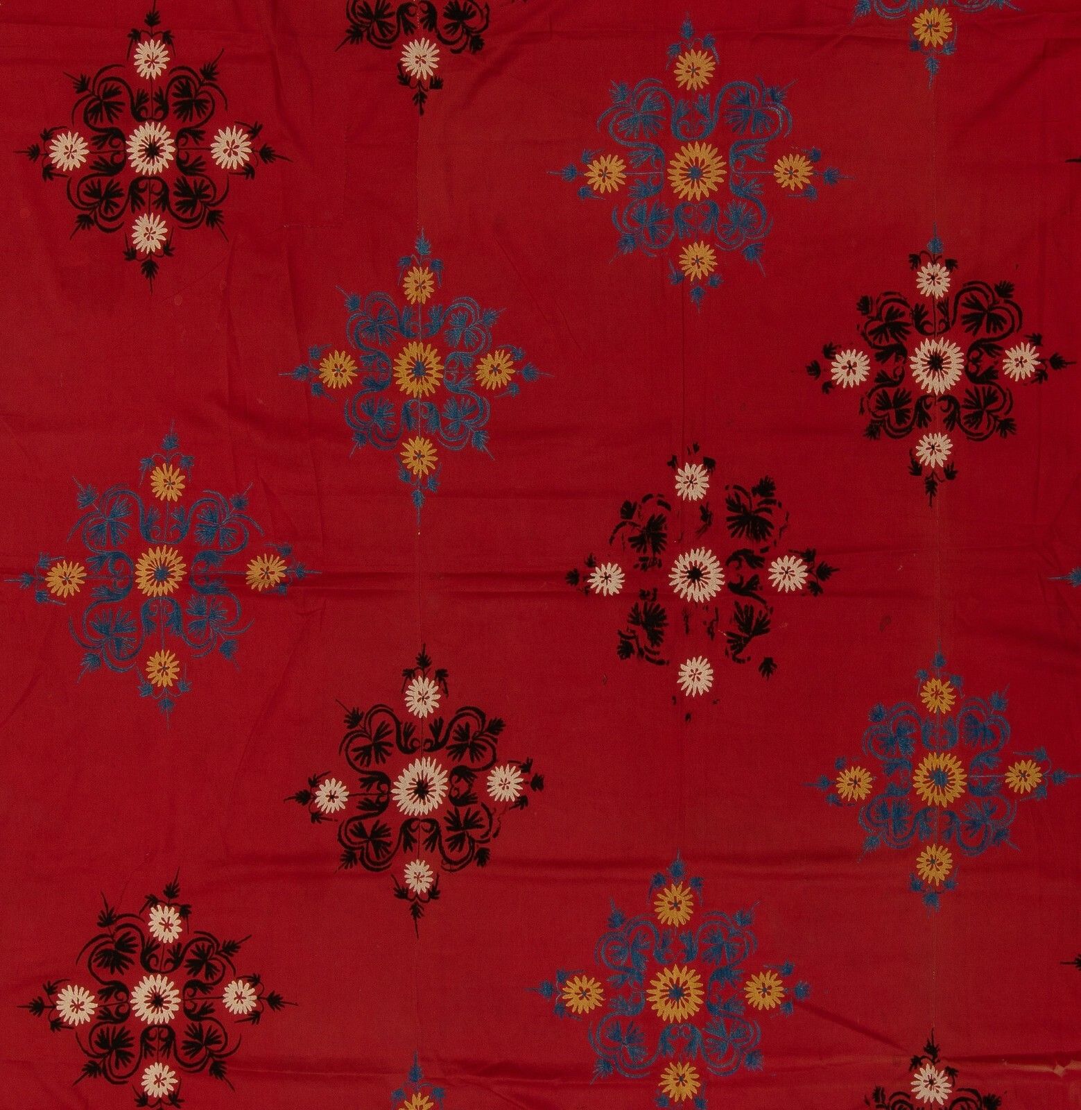 6.7x8.7 Ft Central Asian Suzani Textile. Embroidered Cotton & Silk Bed Cover photo Textiles