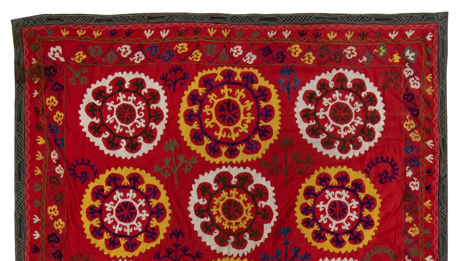 5.8x6.5 Ft Central Asian Suzani Textile. Embroidered Cotton & Silk Bed Cover photo furniture