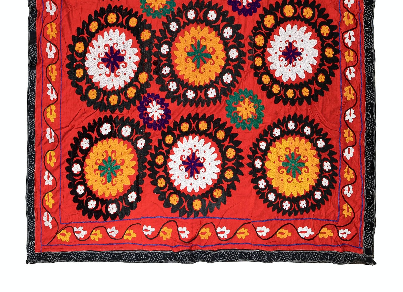 6x7.7 Ft Vintage Silk Hand Embroidery Bed Cover, Uzbek Suzani Wall Hanging photo for sale