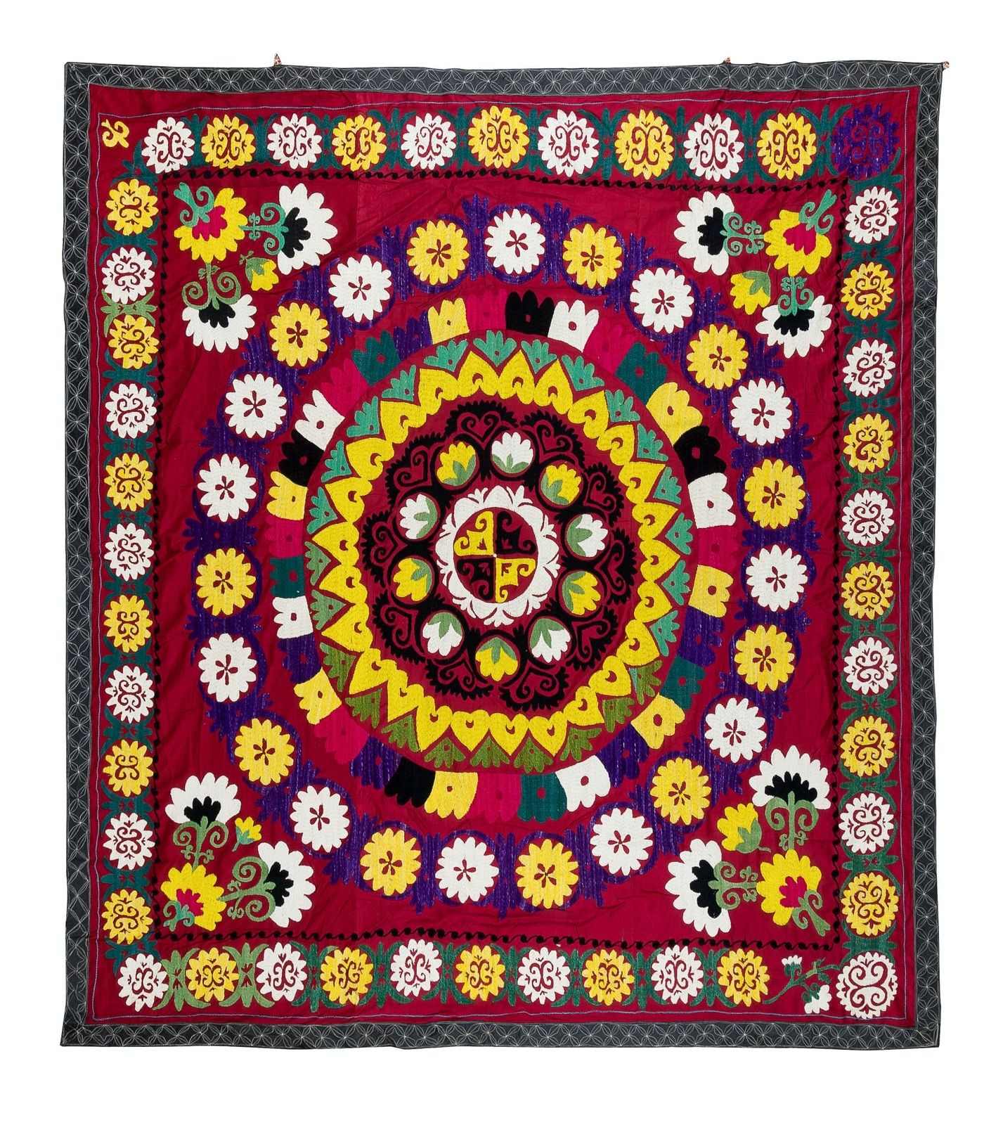 6x6.3 Ft Vintage Silk Embroidery Bedspread, Central Asian Suzani Tablecloth