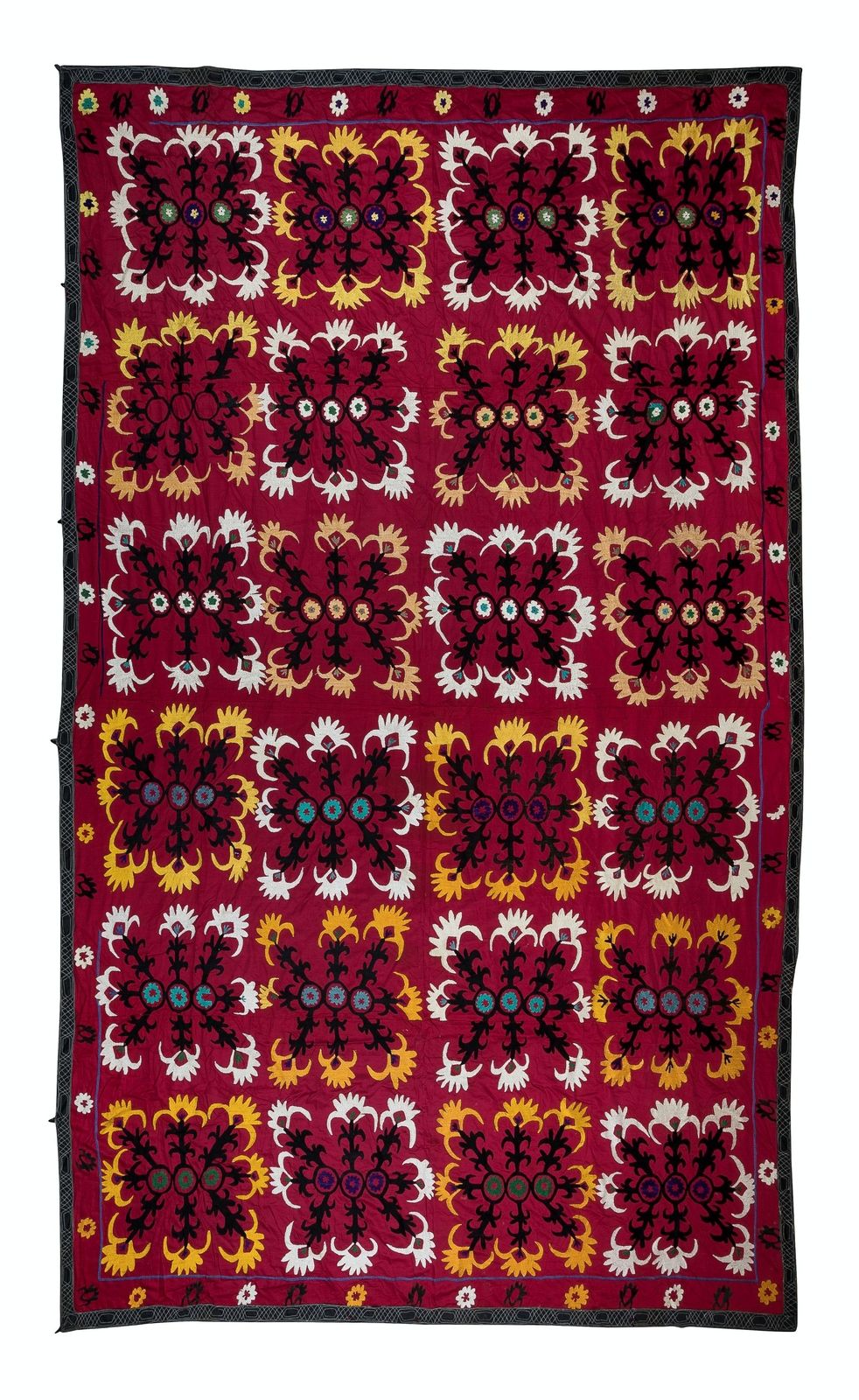 7.8x10.7 Ft Vintage Silk Hand Embroidery Bed Cover, Uzbek Suzani Wall Hanging
