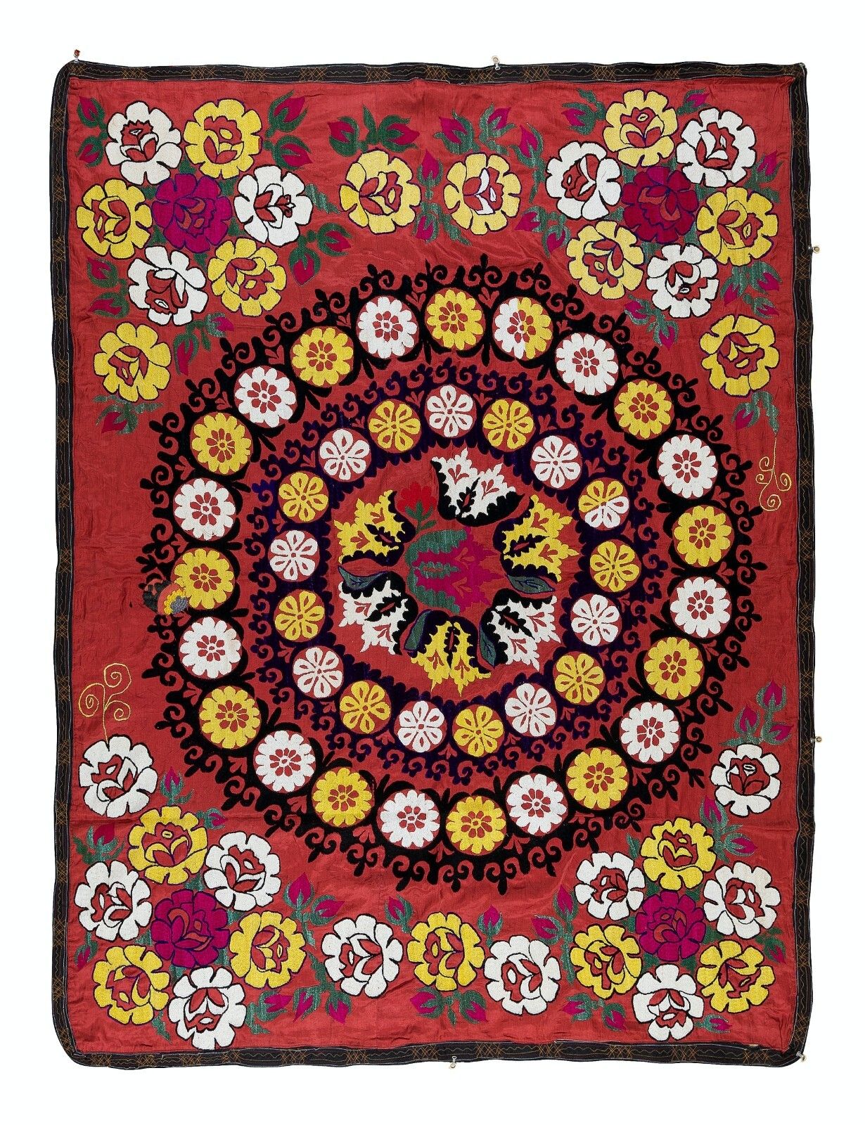 5x6 Ft Silk Embroidery Bed Cover, Suzani Wall Hanging In Red, Uzbek Tapestry