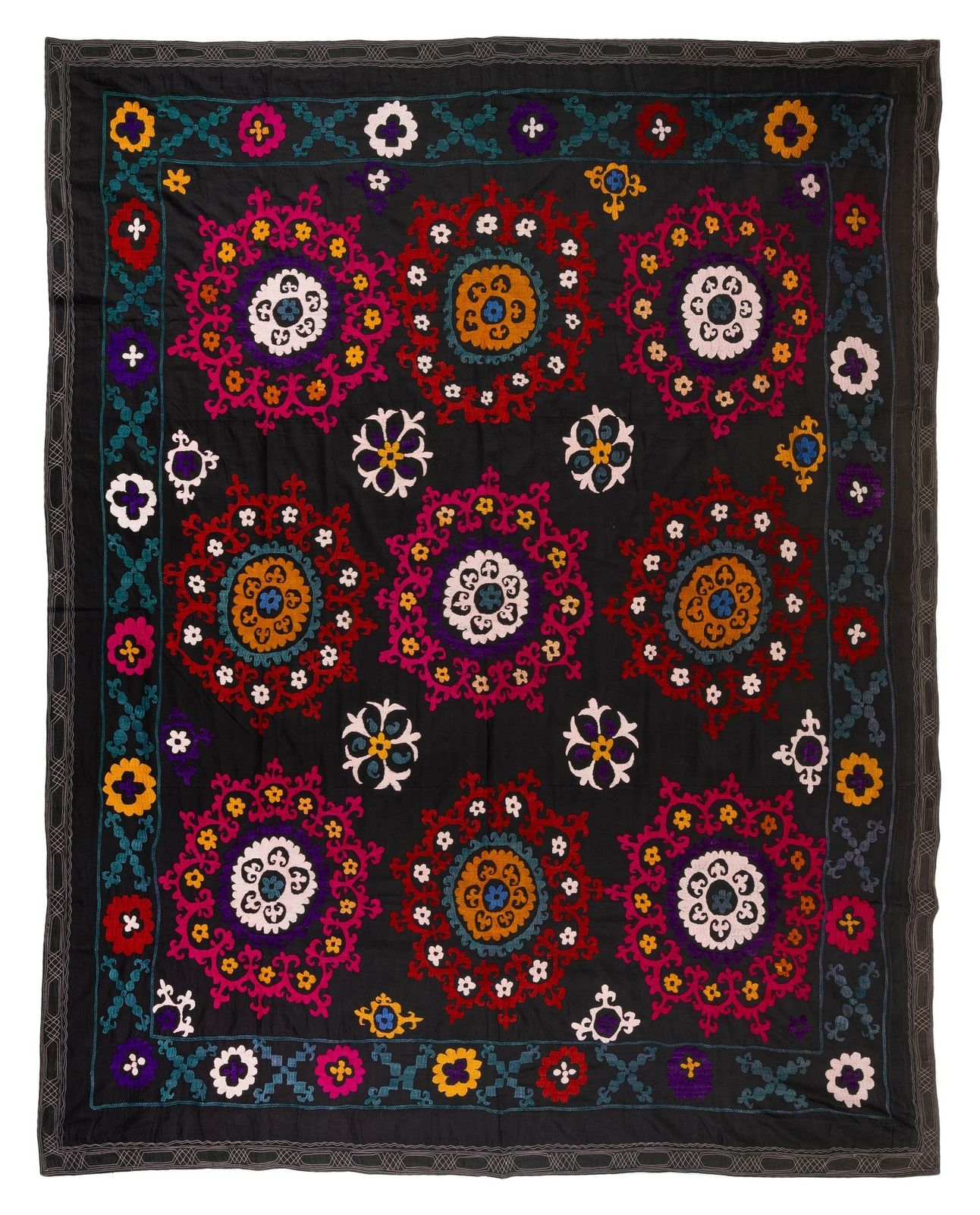 6.4x7.8 Ft Vintage Asian Silk Embroidered Suzani Bed Cover Or Wall Hanging