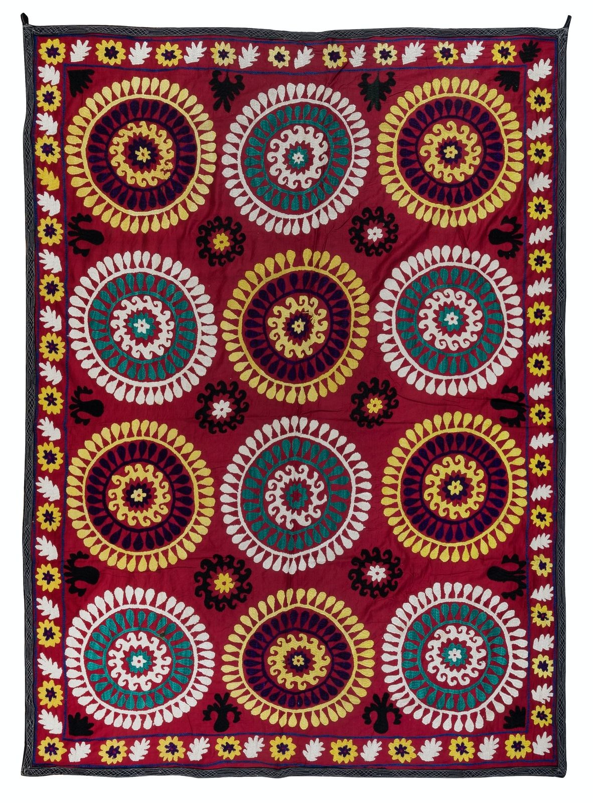 4.7x6.4 Ft Vintage Silk Embroidery Wall Hanging, Red Uzbek Suzani Bed Cover