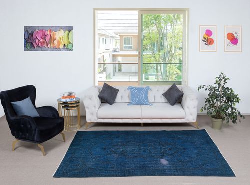 5.2x8.7 Ft Shabby Chic Handmade Turkish Area Rug Over Dyed In Blue photo furniture