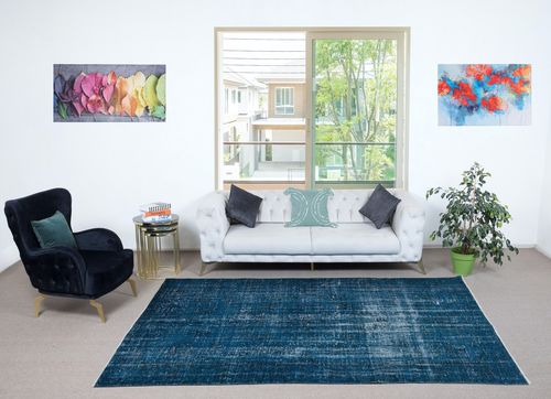 6.2x10 Ft Distressed Modern Hand Knotted Turkish Rug Re Dyed In Navy Blue Color photo furniture