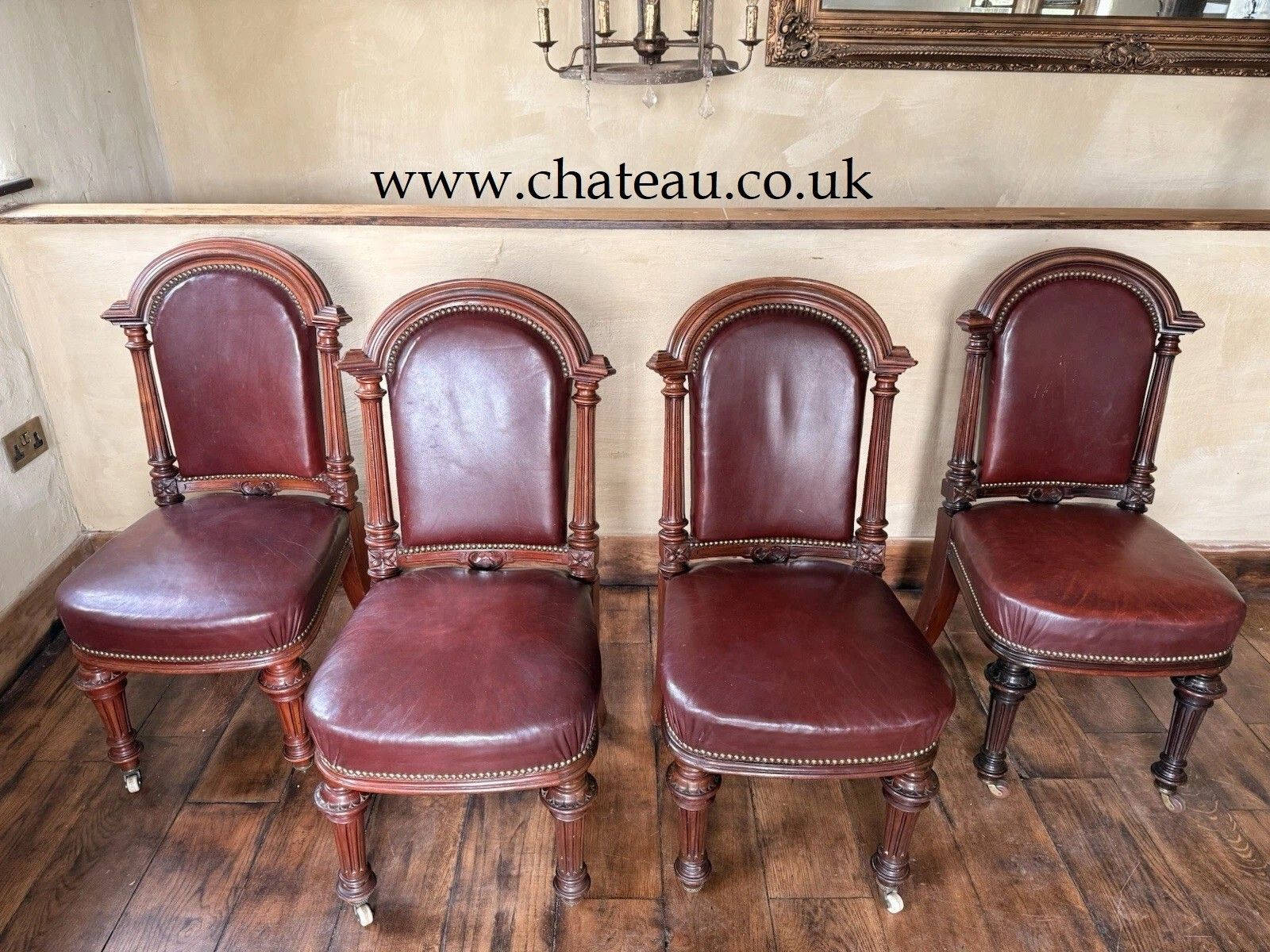Set  4 Antique Red Aniline Red Leather Dining Chairs Manner Gillows Circa 1860 photo furniture